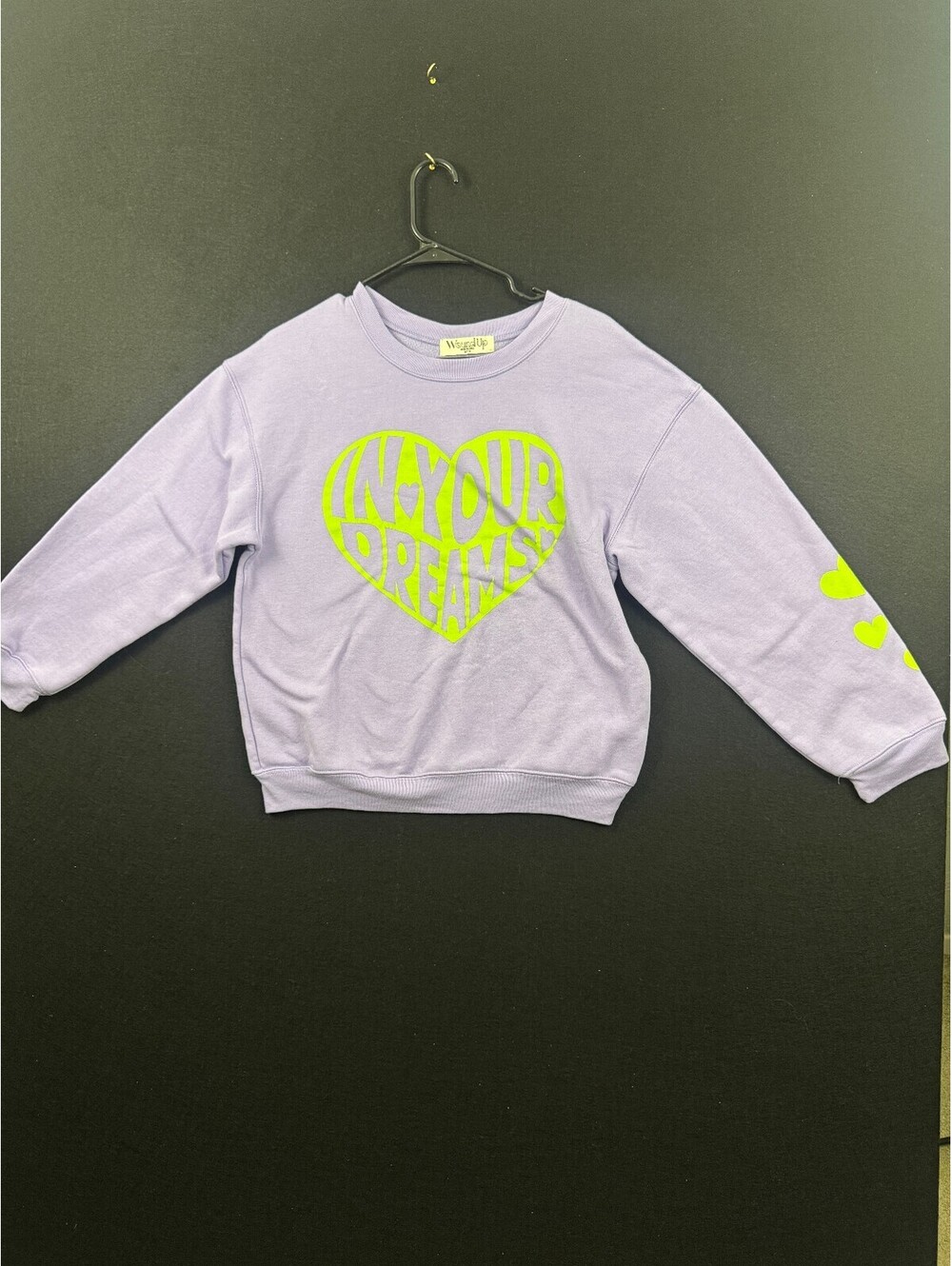 Wound Up Lavender Sweatshirt with Neon Green Heart Design Size Medium